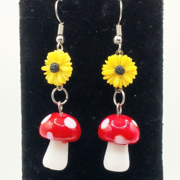 Cute Yellow Sunflower Red Mushroom Hypoallergenic Dangle Earrings - Spencer's - Picture 1 of 3